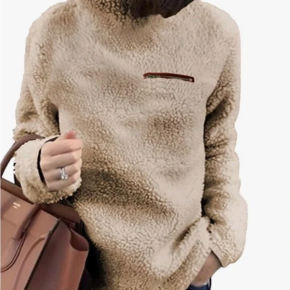 Khaki Fleece Pullover Top -M - Picture 1 of 4